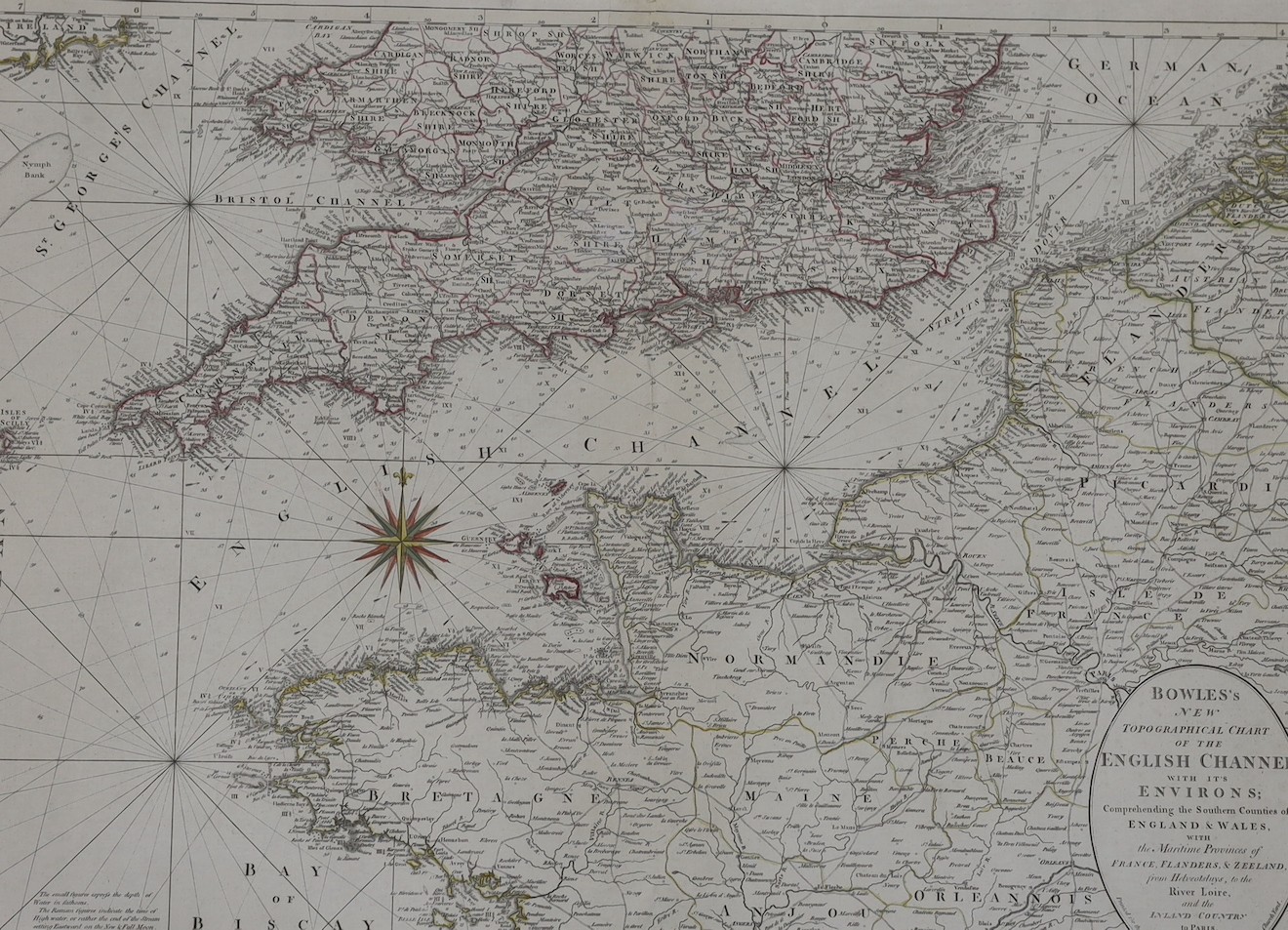 Carington Bowles, hand coloured engraving, Topographical Chart of the English Channel with it’s Environs, 53 x 72cm